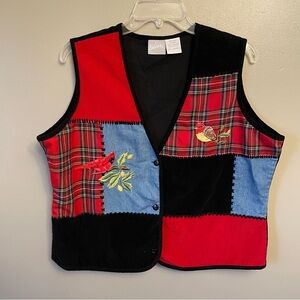 Vintage 90s Holiday Christmas cardinal plaid velvet Ugly Party Vest Large red